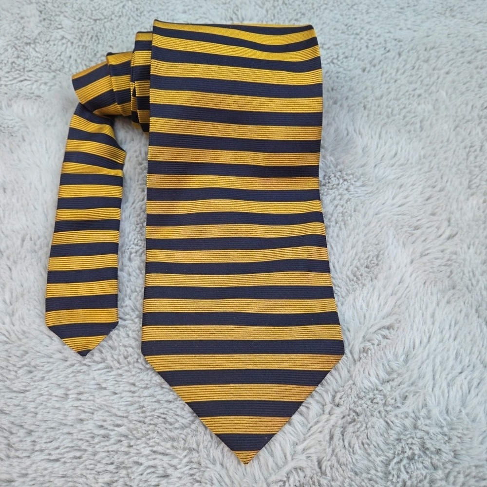 Paolo Gucci Silk Necktie Mens OS Vintage Horizontal Striped Italian Navy Gold